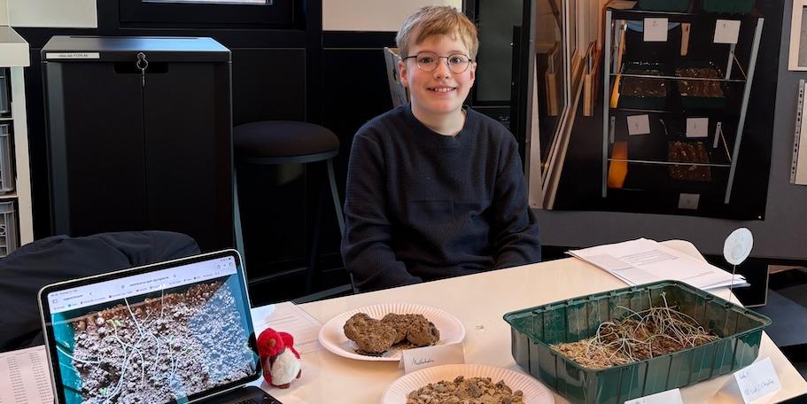 Junge sitzt hinter einem Tisch, auf dem Tisch ein aufgeklapptes Notebook, Betonkrümel, Pflanzenschale