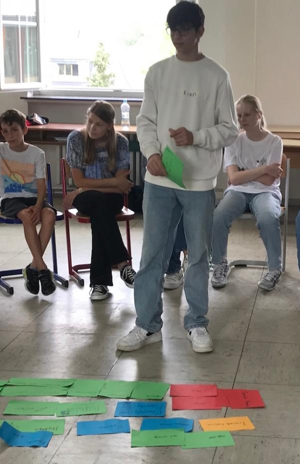 beschriebene Zettel auf dem Boden, ein Schüler steht, weitere drei Schüler:innen sitzen