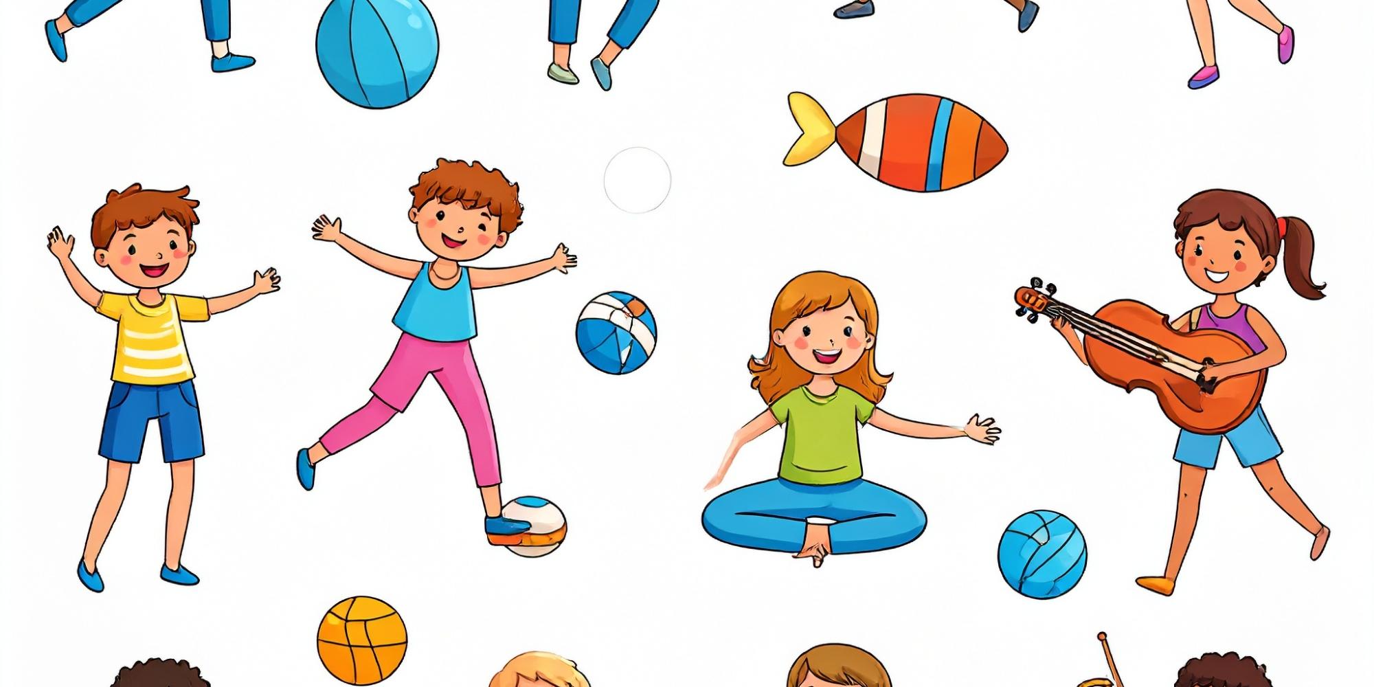 Zeichnung mit Kindern, Bällen, Musikinstrumenten