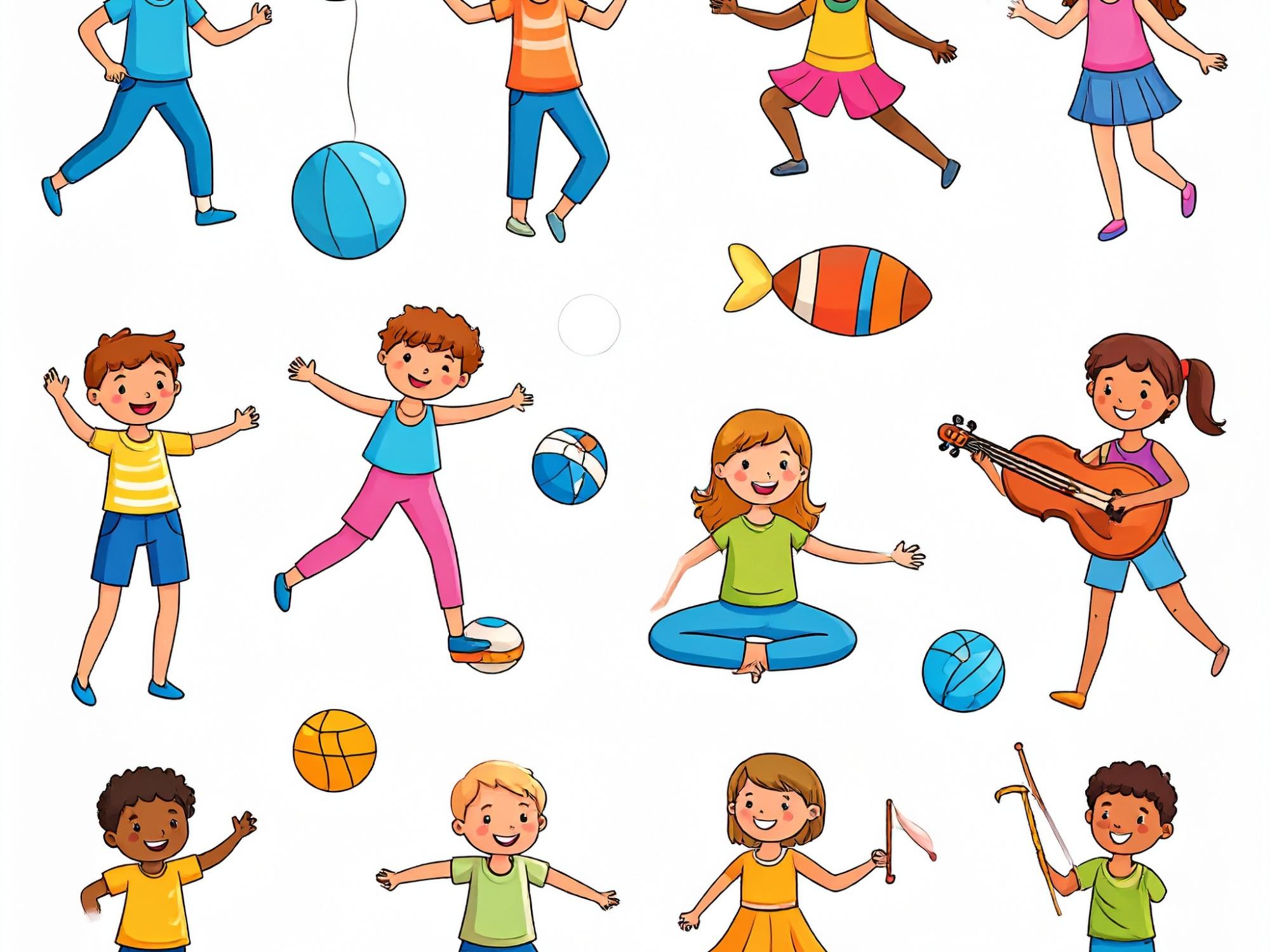 Zeichnung mit Kindern, Bällen, Musikinstrumenten