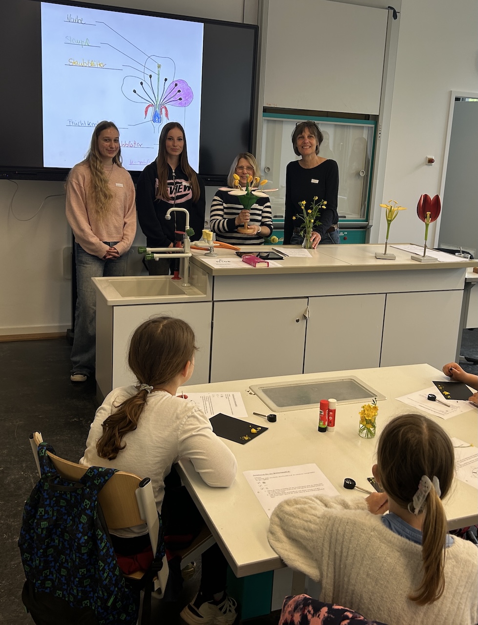 2 Schülerinnen und 2 Lehrerinnen vor der Tafel, darauf Skizze mit Bestandteilen einer Blüte, zwei Schülerinnen schauen zur Tafel